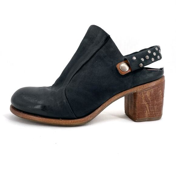 A.S.98 Black Leather Mules Silver Studded Heeled Shoes Boho Cottage EU Size 36 - Picture 4 of 15